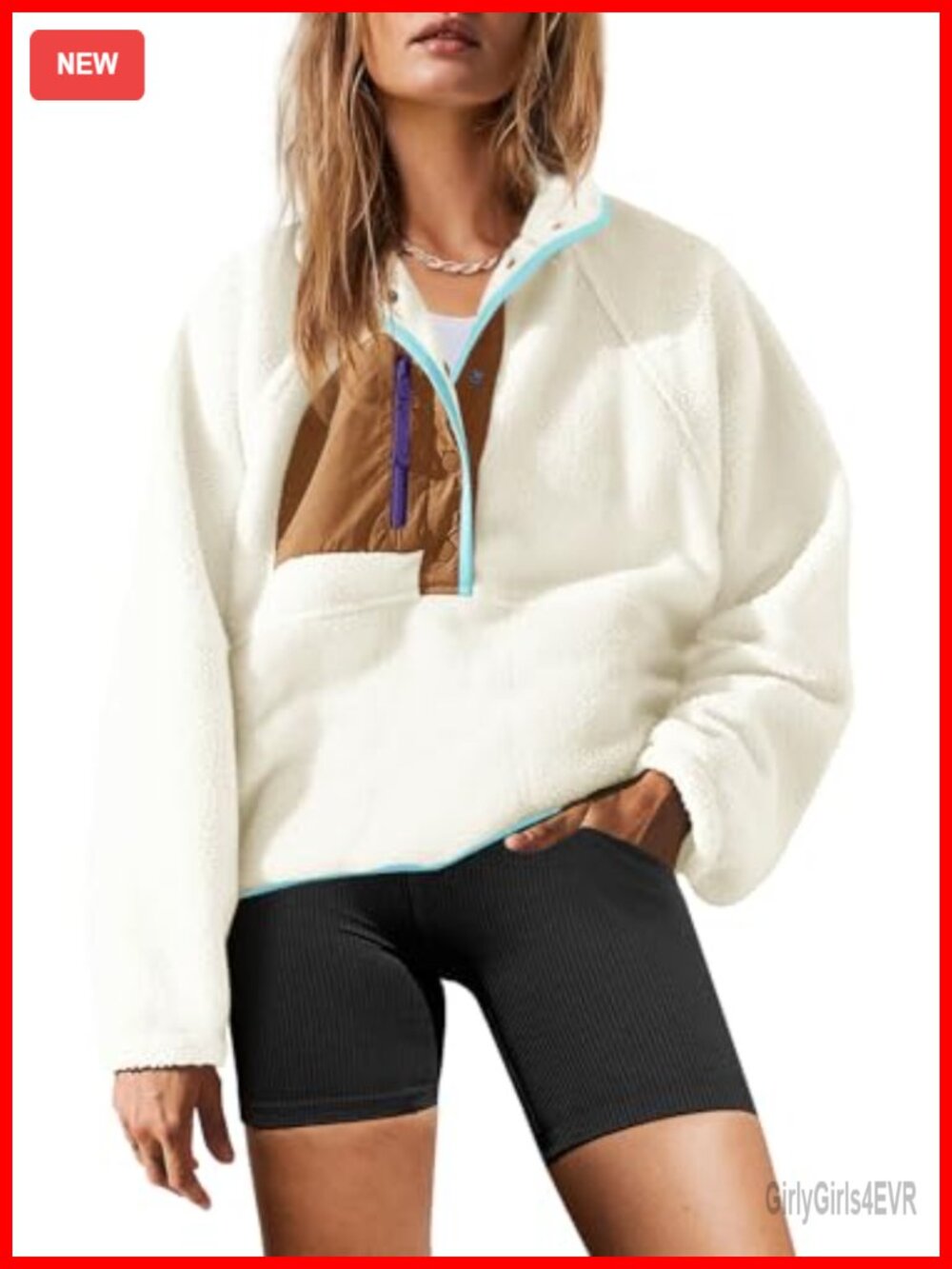Sherpa Fleece Pullover Sweatshirt Button Down Zip Pockets Casual